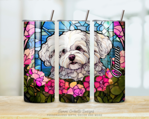 Bright tumbler with Bichon Frise in stained glass design
